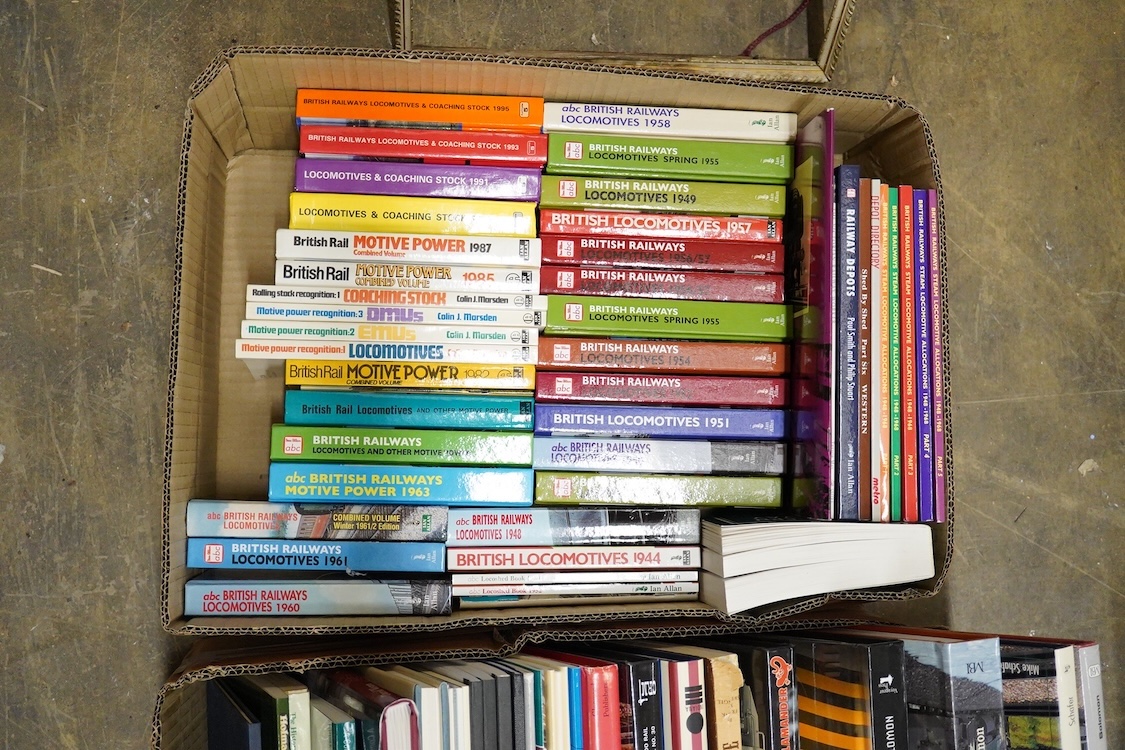 Four boxes of railway related books, primarily American outline, subjects include; the Union Pacific, Boston & Albany, North American Locomotives, British Railways locomotives ABCs, etc., publishers include; Morning Sun